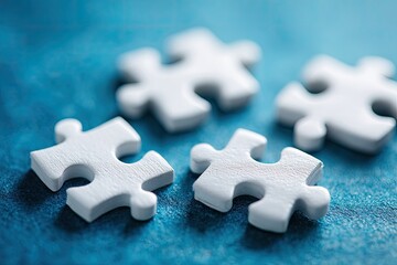 Close-up of four white puzzle pieces on a blue surface