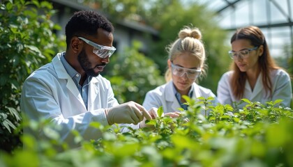 Diverse team of biologists work in greenhouse laboratory studying plant genetics. Scientists in lab coats, safety glasses examine green plants, conducting research on botany, horticulture,
