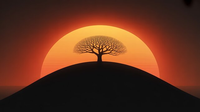 Silhouette of a Bare Tree on a Hill at Sunset with a Warm Orange Sky Creating a Peaceful and Contemplative Scene - Powered by Adobe
