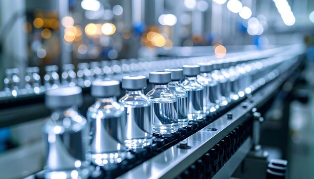 Pharmaceutical production line with vaccine vials in modern factory with healthcare concept.