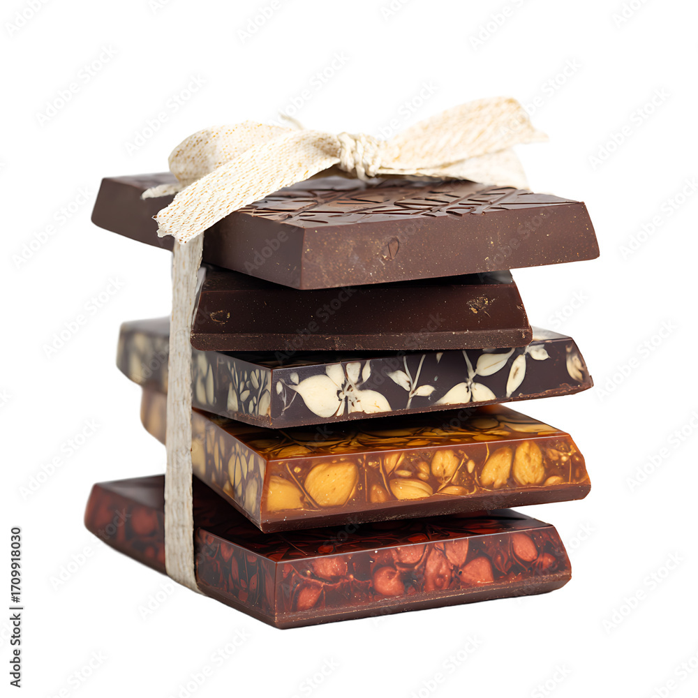 Poster Stacked artisanal chocolate bars tied with a ribbon Each bar features a unique pattern and flavor creating a delicious and decadent treat
