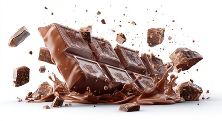 Fototapeta premium Chocolate bar exploding in a cascade of liquid chocolate and broken pieces