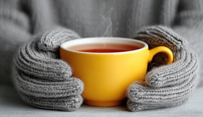 Warm hands hold a steaming yellow cup of tea
