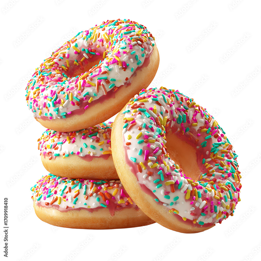 Poster a tempting stack of delicious donuts generously frosted and adorned with a colorful assortment of de