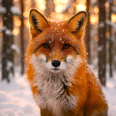 Obraz premium A majestic portrait of a wild red fox in a serene snowy forest during a beautiful golden hour sunset with soft bokeh