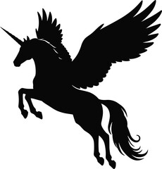 Elegant Silhouette of a Flying Unicorn with Wings, Magical Creature Concept for Fantasy"Elegant Silhouette of a Flying Unicorn with Wings, Magical Creature Concept for Fantasy