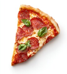 Pizza slice, pepperoni and basil topping, isolated