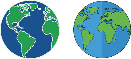 Illustrated Globes of Planet Earth with Green Continents and Blue Oceans