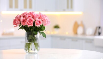 Pink Roses Bouquet in Vase on Table Modern Kitchen Interior with Romantic Concept.
