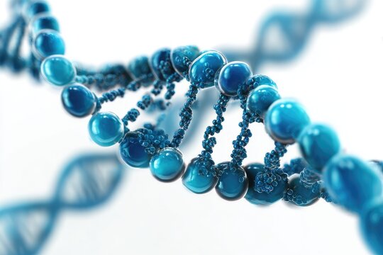 3D rendering of a DNA double helix.  Blue spheres depict nucleotides.  White background