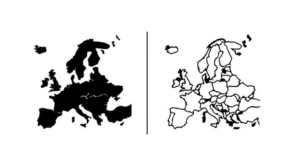 Europe map silhouette and outline with country borders.