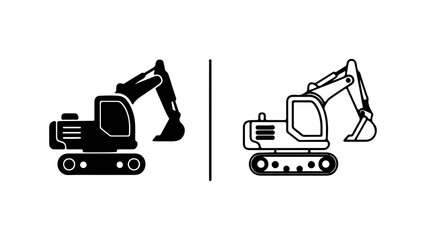 Excavator heavy machinery icon set in silhouette and outline style.
