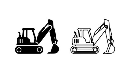 Excavator Icons Construction Vehicle Illustrations in Black and White.