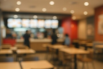 Blurred interior view of a fast-food restaurant, showing customers and staff at the counter and tables.