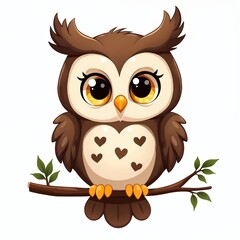Cute cartoon owl perched on branch, featuring large expressive eyes, whimsical charm. Friendly avian character illustration, with soft brown feathers, heart details, radiates cozy, imaginative