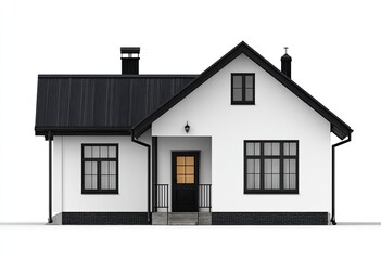Front view of a small, white house with a black metal roof and trim