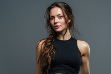 Fototapeta premium Brunette sportswoman in a black top poses confidently, showcasing her physical strength and determination against a neutral background