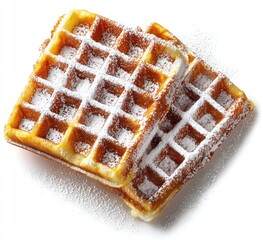 Two sugared waffles stacked,  close-up,  golden-brown,  grid pattern