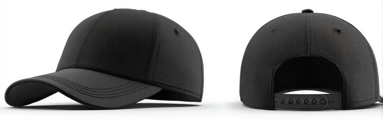 Blank black baseball cap, front and back views