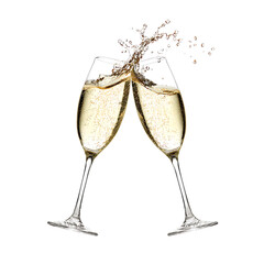 Two champagne flutes clinking together in a celebratory toast creating a splash against a transparent background Cheers to new beginnings !