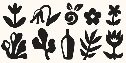 Abstract floral design elements set isolated on white background. Vector illustration of black leaves and flowers cutout, retro botanical silhouettes for vintage poster, bohemian organic art shapes