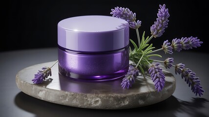 Luxury purple cream jar with lavender sprigs creating a serene and aromatic spa experience for skincare and relaxation a beautiful product shot