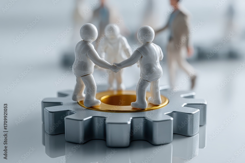 Poster Conceptual representation of teamwork collaboration with figures holding hands on a gear, symbolizing unity and collective effort in business environments and project management