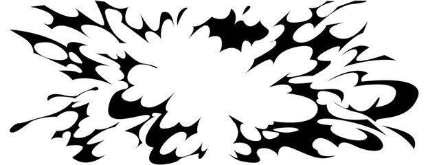 Dynamic anime comic burst with black explosive splash and radiating impact lines for manga action scenes. Bold silhouette with sharp edges and flowing smoke effect for battle moment or dramatic panel.