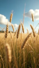 Fototapeta premium Golden wheat stalks dominate vast agricultural field under bright, partly cloudy summer sky. Sun warm light illuminates ripe crop, creating serene, peaceful rural landscape. Scene captures of nature