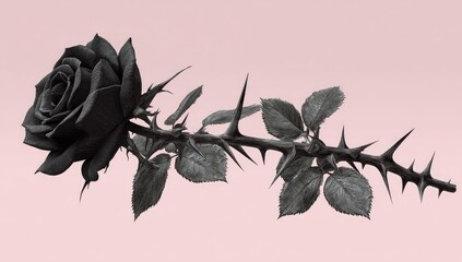 A single, dark rose with thorns against a pastel background