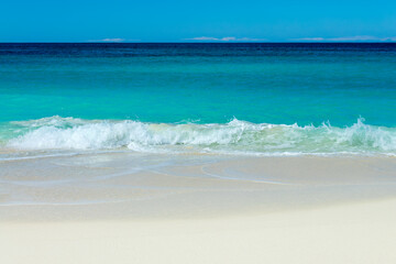 Front view of blue transparent water and perfect white sand in Shoal Bay beach, Caribbean dream background in Anguilla island, British West Indies
