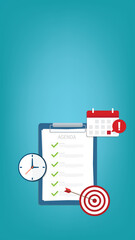 Agenda list on clipboard. Meeting agenda. Reminder with a event list and schedule. Presentation with memo.	