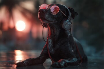 Obraz premium Hipster dog enjoying a neon sunset while listening to music, showcasing a stylish look with headphones and sunglasses at a vibrant beach location during golden hour