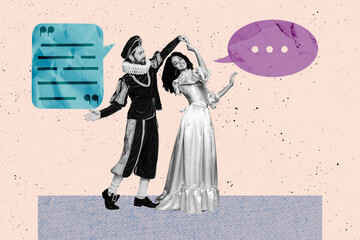 Composite zine art pop trend collage of excited count duchess dance party together bubble icon conversation dialogue speech chat