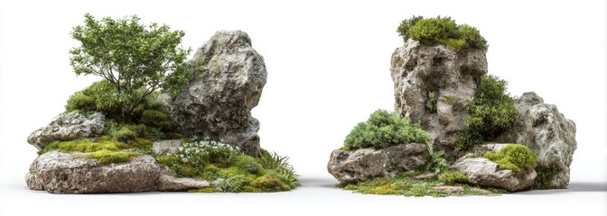 Two rock formations, landscaped with small trees and moss