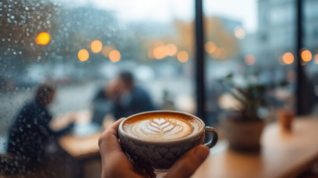 Latte art coffee cup held by hands in a rainy coffee shop, perfect for coffee shop advertisements