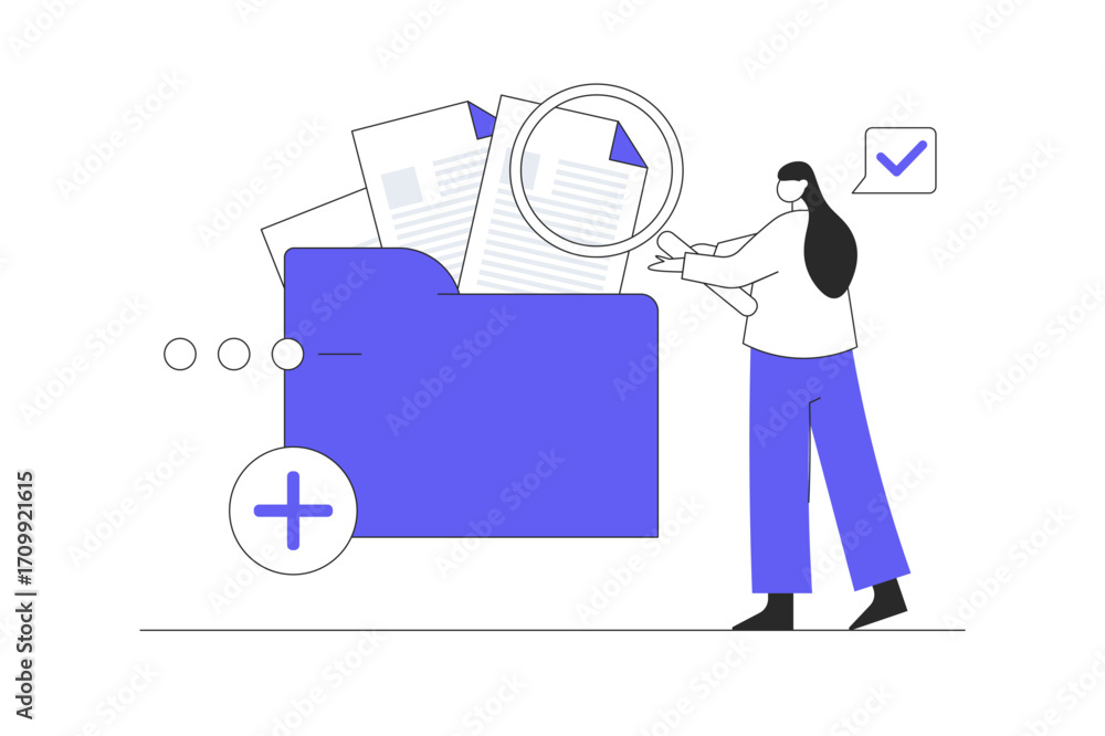 Poster worker add files to big folder. storage and indexing of information. woman holds magnifying glass. u