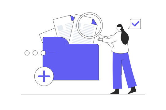 Worker add files to big folder. Storage and indexing of information. Woman holds magnifying glass. User and data archive. Database, searching info. Flat Cartoon Vector Illustration, icon Stylish web