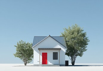 Small white house with red door, beneath a pale blue sky, beside two green trees