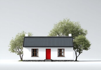 Simple white cottage, gray roof, red door