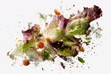 Exploding salad, vibrant mix of greens and vegetables, flying ingredients