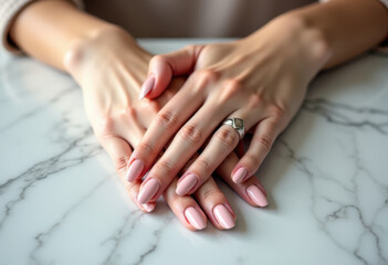Fototapeta premium Woman's hands with pastel pink nail polish and silver ring resting on a marble table
