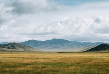 Vast, grassy plains stretching to a distant mountain range under a cloudy sky