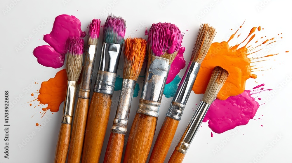 Aufkleber group of paintbrushes are arranged in a row, with some of them having pink and orange bristles. the 