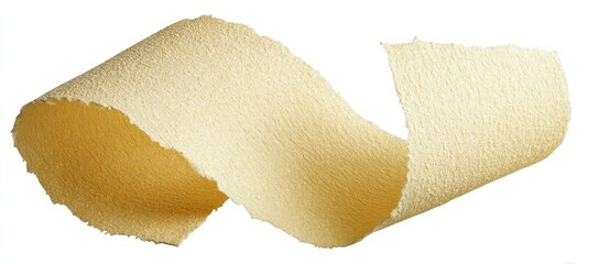 A light beige, textured sheet of material, torn and curled