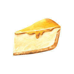 One slice of pumpkin pie cheesecake in warm brown tones, hand drawn watercolor illustration designed for seasonal cooking projects, holiday decor, stickers, clipart and thanksgiving designs.