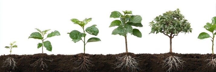Stages of plant growth, from seedling to mature tree