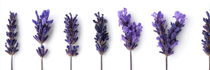 Lavender sprigs arranged in a row against a white background