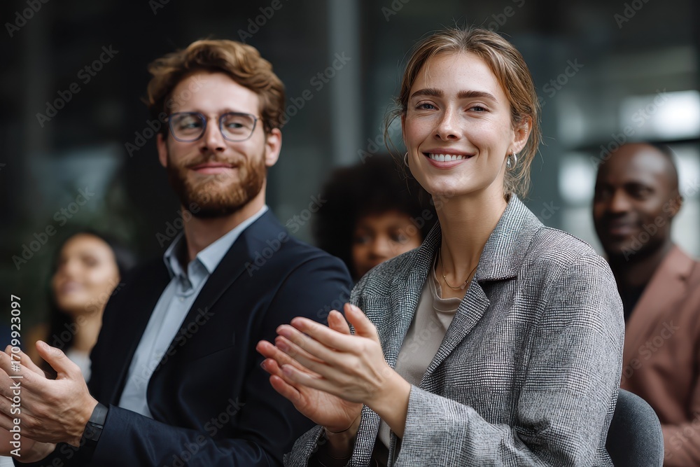 Poster smiling business professionals in a meeting clapping together for a successful presentation in a mod