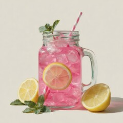 Pink lemonade in a glass jar with ice and lemon slices
